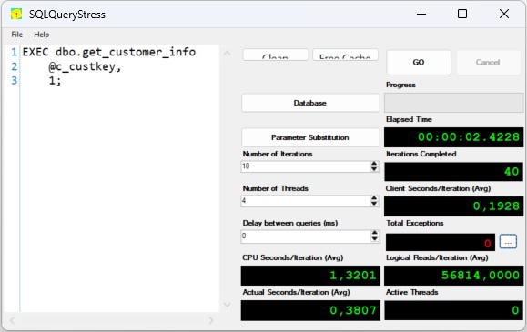 Shows SQLQueryStress for the bad plan that ran 4 threads for 10 executions each.