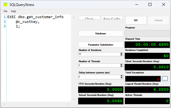 Shows SQLQueryStress for the change stored procedure running with  4 threads for 10 executions each with the correct data type.