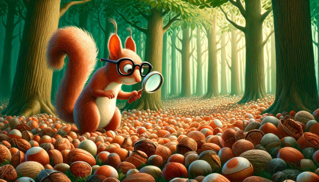 a squirrel wearing glasses in a forest, diligently searching for a specific nut among a chaotic scatter of thousands.