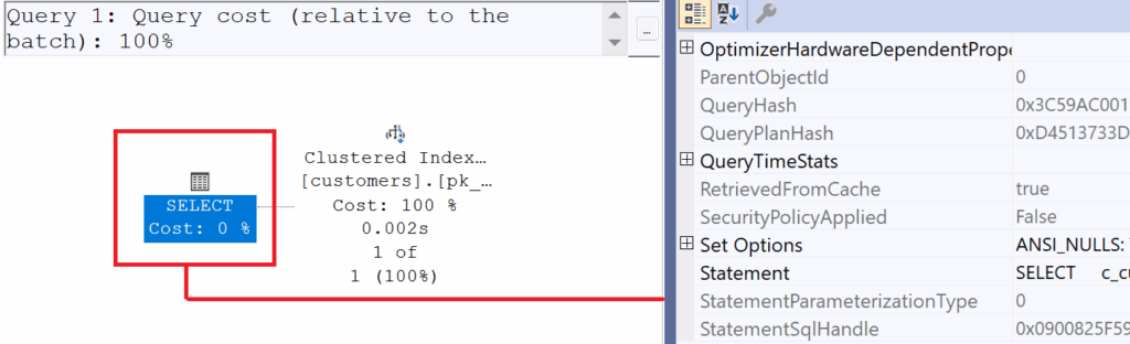 The screenshot shows the execution plan of the query with the information, that "Simple Parameterization" has not been used because of complexity of the query. The status of "StatementParameterizationType" = 0