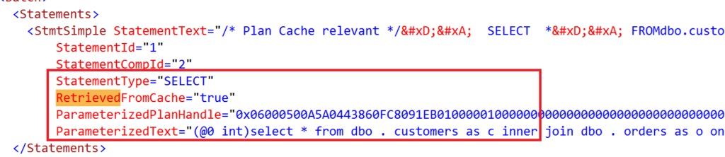 XML fragment from the execution plan of an ad hoc query processed under FORCED PARAMETERIZATION. The highlighted attributes show RetrievedFromCache="true", the generated ParameterizedText, and a ParameterizedPlanHandle value. The ParameterizedPlanHandle serves as a direct reference from the ad hoc query to the reusable Prepared plan stored in the SQL Server plan cache, demonstrating how multiple literal query variations can be associated with a single parameterized execution plan.